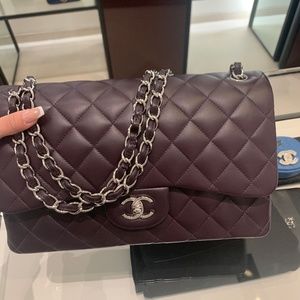 CHANEL 2020 QUILTED LAMBSKIN CLASSIC JUMBO DOUBLE FLAP BAG - EGGPLANT